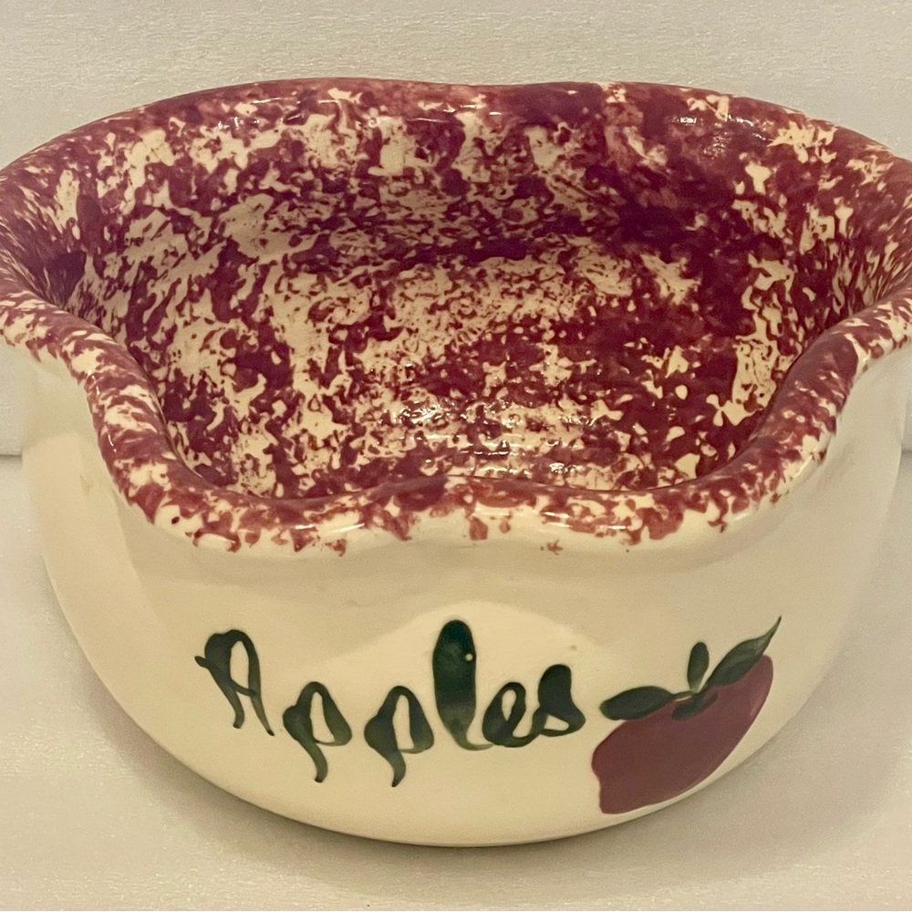1970s East Texas Pottery Hand Painted Red Large Bowl Apple Shape